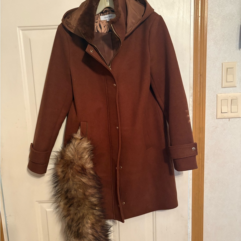 Nine West Chestnut Brown Hooded Trench Coat with Faux Fur Trim